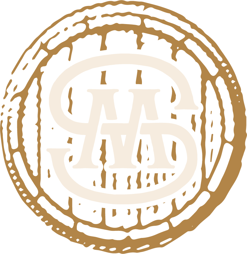 Sons of Mitch's barrel monogram logo white and gold