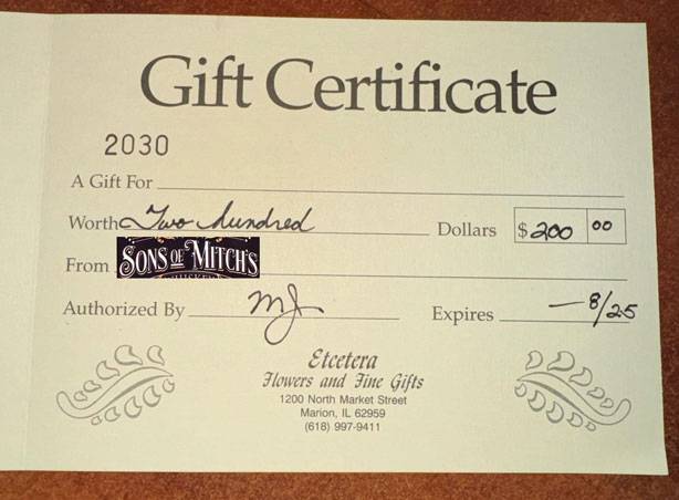 Sons of Mitch's $200 gift certificate to Etcetera flowers and fine gifts