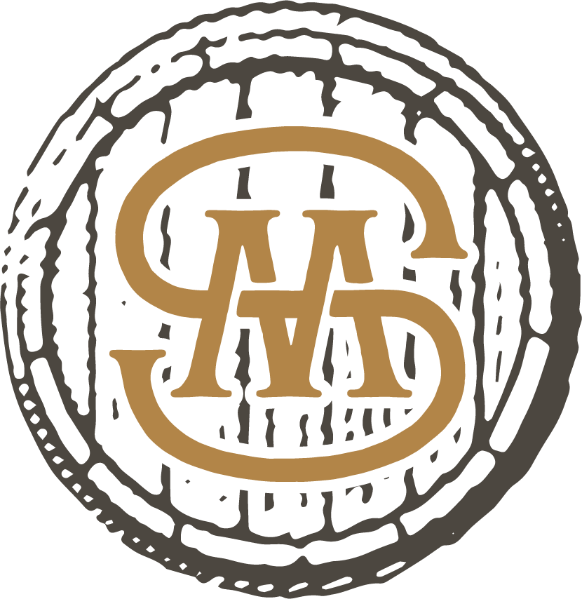 Sons of Mitch's barrel monogram logo gray and gold